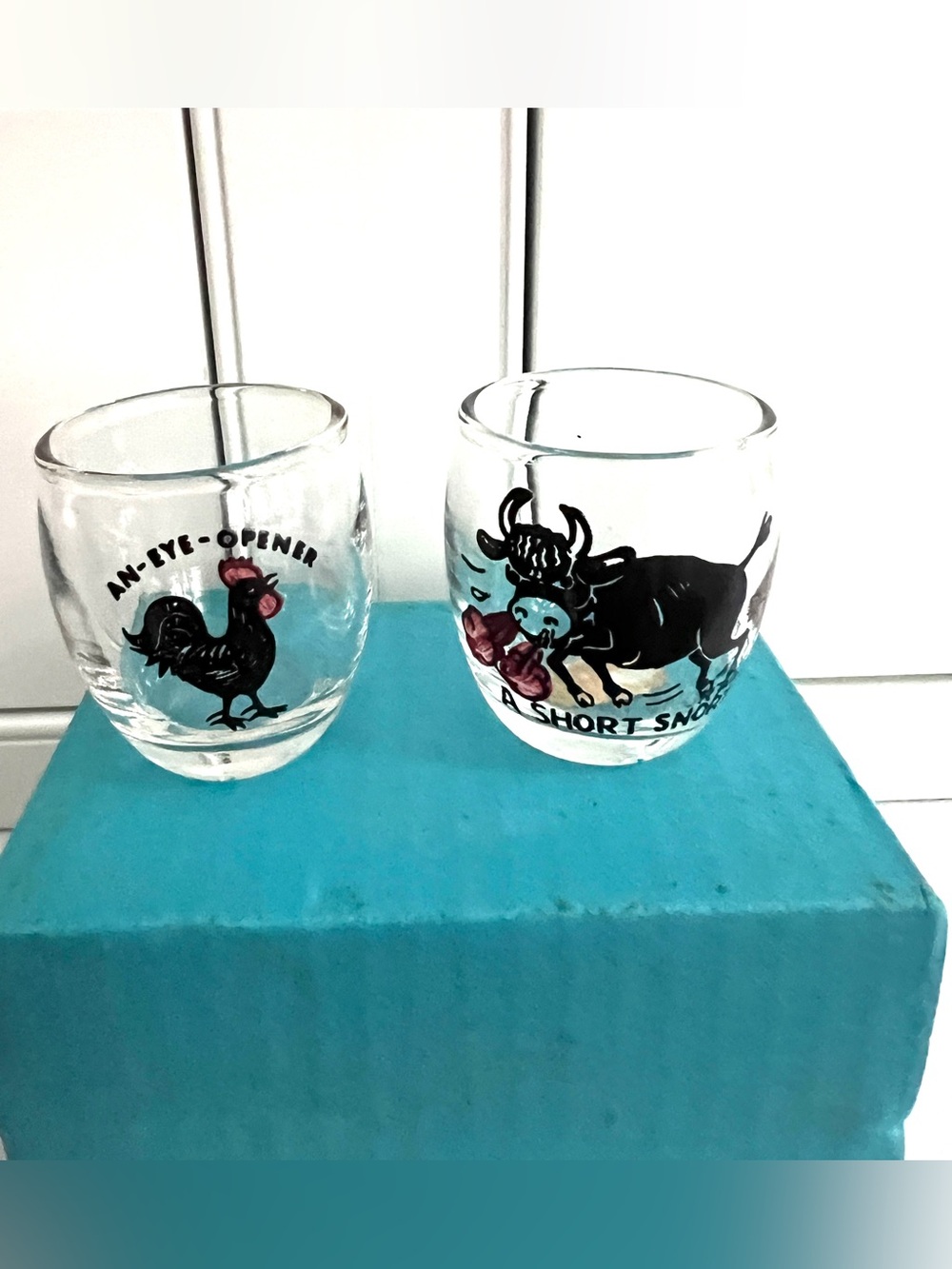 Vintage Gorham crystal Novelty Shot Glasses W Germany bull and rooster in box